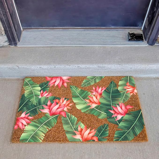 Funny Coir Doormat Beautiful Print with Palm Tree Leaves Front Door Mats Entryway Outdoor Mat with Heavy Duty Front Porch Welcome Mats Entry Natural Coir House Warming Gift Mat 23.7 x 15.7 inch
