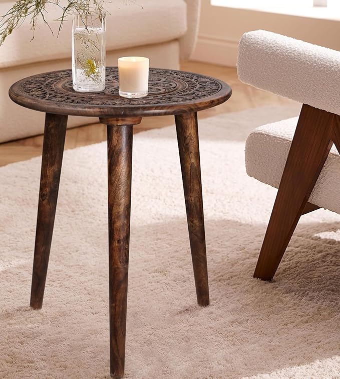 Wooden Table with 3 Legs Pillar,Carving End Tables,Round Coffee Table for Livingroom,Entryway Table,Living Room Side Table for Magazines,Books and Plants - 18"x22" - Burnt