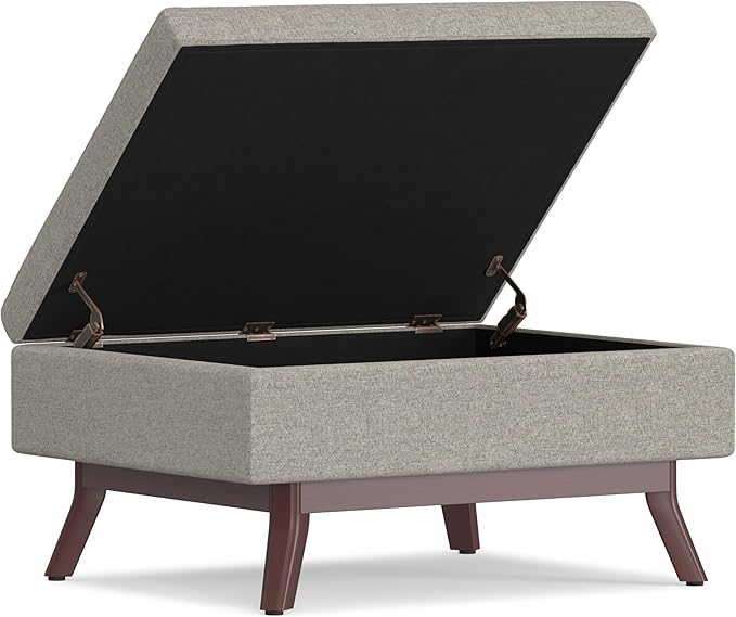 SIMPLIHOME Owen 34 inch Wide Mid Century Modern Rectangle Coffee Table Storage Ottoman in Cloud Grey Polyester Fabric, Assembled, For the Living Room, Entryway and Family Room