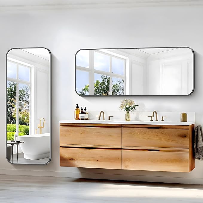 Bathroom Mirror, 60 x 24 inch Metal Framed Black Rectangle Mirror, Rounded Corner Rectangular Vanity Mirror, Large Wall Mounted Mirror for Modern Bedroom Living Room Horizontal or Vertical