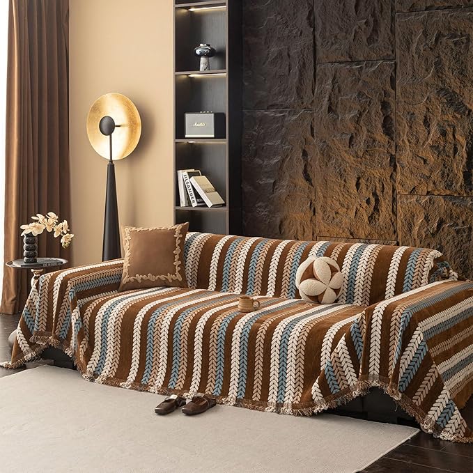 STACYPIK Khaki Jacquard Leaves Sofa Cover, Vintage Couch Cover for Dogs, Washable Pet Protector for 3 Cushion Couch, Non-slip Chenille Sofa Covers for Loveseat, Boho Couch Cover for Sectional-71X150IN
