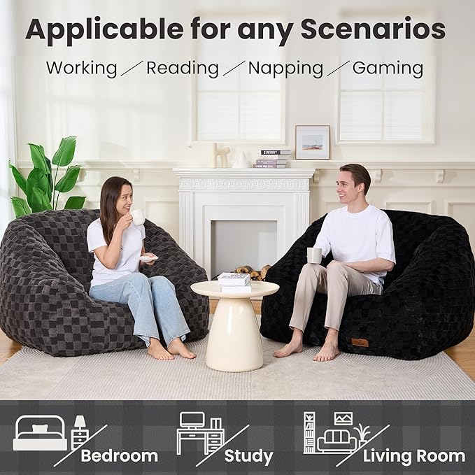 Bean Bag Chairs for Adults, Giant Beanbag Sofa Comfy Reading Chair, Oversized Bean Bag Chairs for Living Room Bedroom, Soft Faux Fur Fabric, 3.2FT, Dark Grey, Checkered