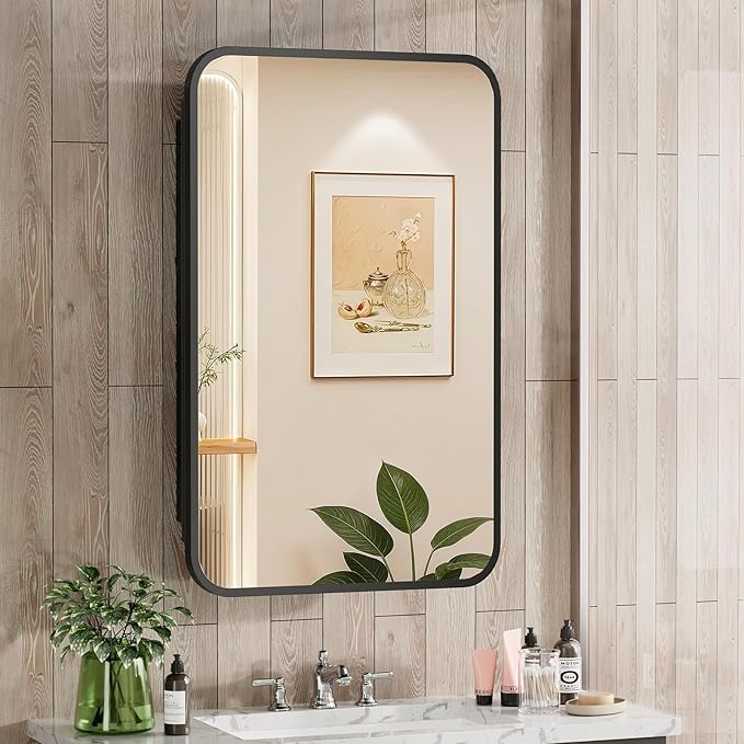16x24 Inch Black Mirror Medicine Cabinet Metal Framed Recessed Wall Mounted Bathroom Medicine Cabinet with Mirror and Storage