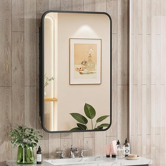 16x24 Inch Black Mirror Medicine Cabinet Metal Framed Recessed Wall Mounted Bathroom Medicine Cabinet with Mirror and Storage