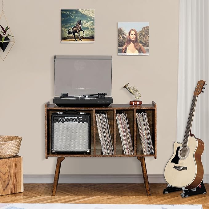 Lerliuo Record Player Stand with 4 Cabinet Holds Up to 220 Albums, Large Turntable Stand with Beech Wood Legs, Mid-Century Record Player Table,Retro Brown Vinyl Holder Storage for Bedroom Living Room