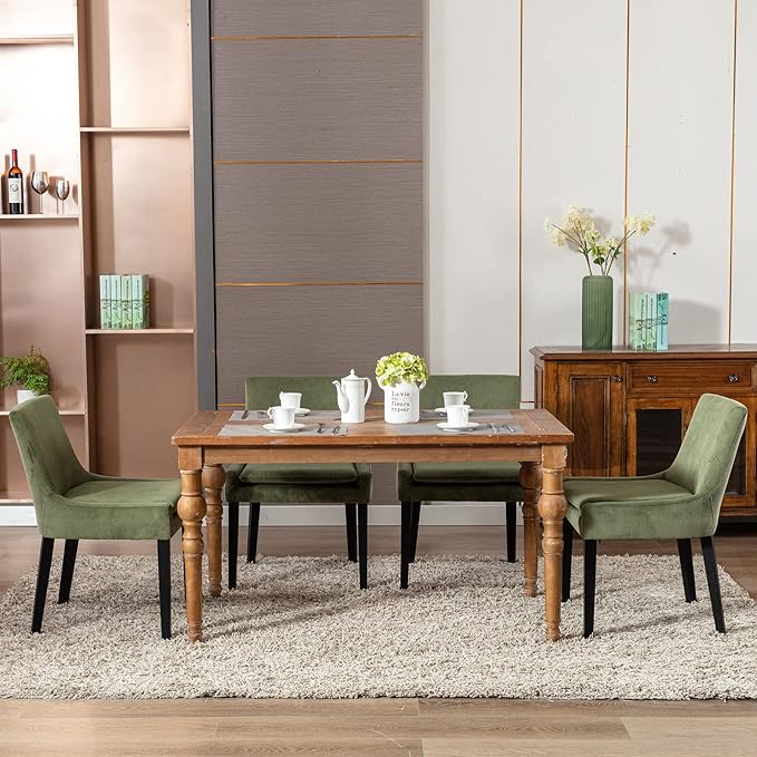 COLAMY Modern Dining Chairs Set of 2, Upholstered Corduroy Accent Side Chairs with Mid Back and Wood Legs for Living Room/Dining Room- Light Green