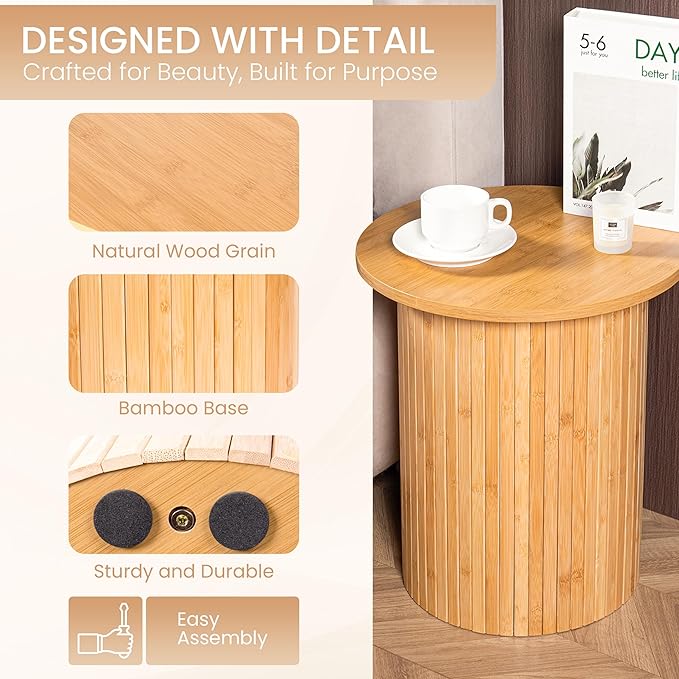 Handcrafted Round Fluted Pedestal End Table with Natural Wood Grain & Bamboo Base – Round Side Table, Coffee Table, Drink Table, Bedside Table for Bedroom, Living Room - 15.7” x 17.8” x 12”