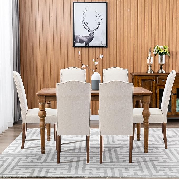 Stylish Upholstered Parsons Dining Chair Kitchen with Silver Nailhead Trim and Sturdy Solid Wood Legs
