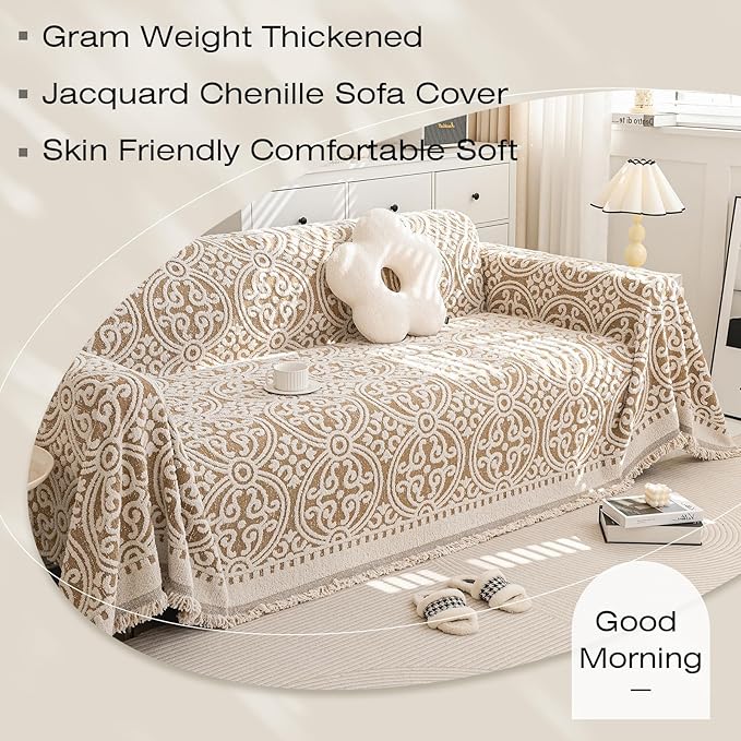 STACYPIK Modern Khaki Jacquard Couch Cover French Style L-Shape Sofa Protector for 3-Cushion Couch, Washable, Stain Resistant, 71x150IN