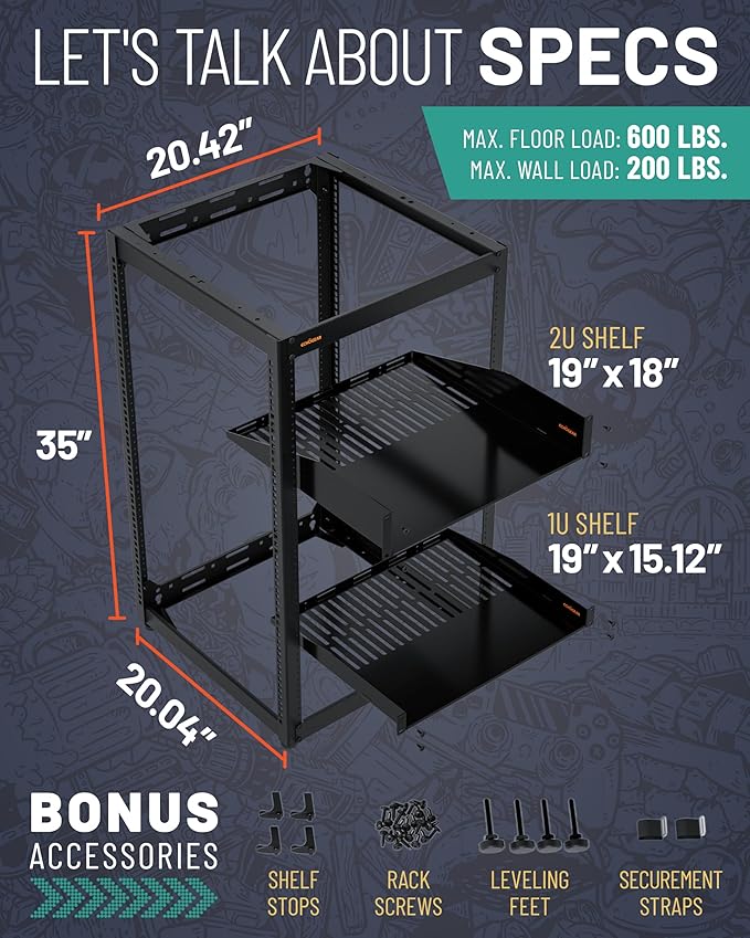 ECHOGEAR 20U Open Frame Rack for Servers & AV Gear - Wall Mountable Design Includes 2X Vented Shelves, 25x Rack Mounting Screws, 4X Leveling Feet, 4X Shelf Stops, & 2X Securement Straps