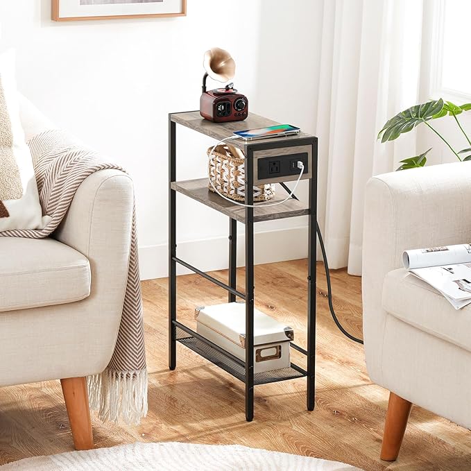 HOOBRO Small Narrow Side Table with Charging Station, Skinny End Table for Small Spaces, Slim Nightstand with USB Ports Outlet, Sofa Beside Table with Storage Shelf, Greige and Black BG102UBZ01