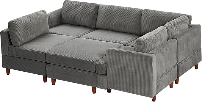 127.5" L/U-Shaped Sectional Couch with Movable Ottoman & 6 Removable Back Cushion, Corduroy Fabric Upholstered 6 Seat Modular Sleeper Sofa,DIY Free Combination Couches for Living Room,Grey