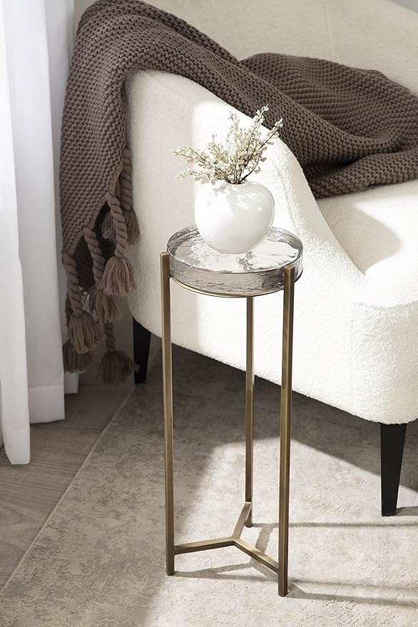 Kate and Laurel Aguilar Modern Drink Table; 9 x 9 x 23; Brass with Clear Glass; Detailed Glass Accent Table for Small Spaces