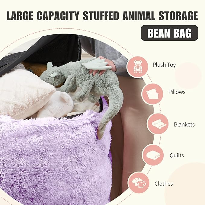 Huge Bean Bag Covers Only, Fluffy Stuffed Beanbag Chair Covers No Filler, Washable Bean Bags Cover for Adults, Stuffed Animal Bean Bag Anti-Slip, 6FT, Purple