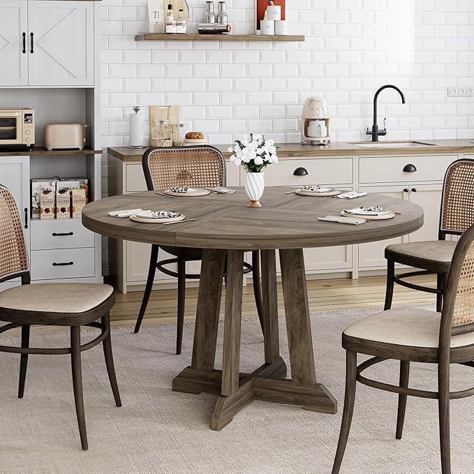 Dining Table for 4 to 6 People, 47 Inch Round Dining Table, Wooden Kitchen Table with Sturty Legs, Dining Room Table for Dining Room, Kitchen, Grey