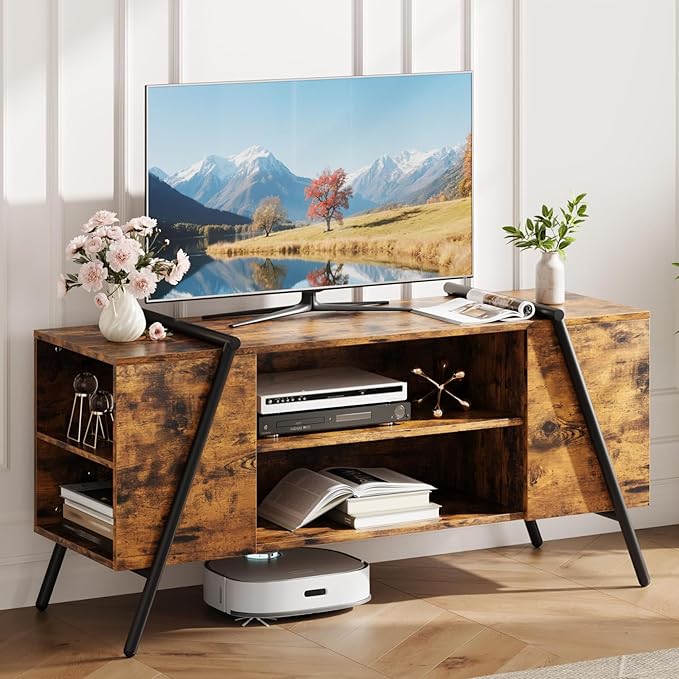 Garvee 47 Inch TV Stand with Slanted Metal Legs, Industrial Media Console with Adjustable Open Shelves, Wooden Entertainment Center Television Stand for Living Room, Bedroom, Orange Oak