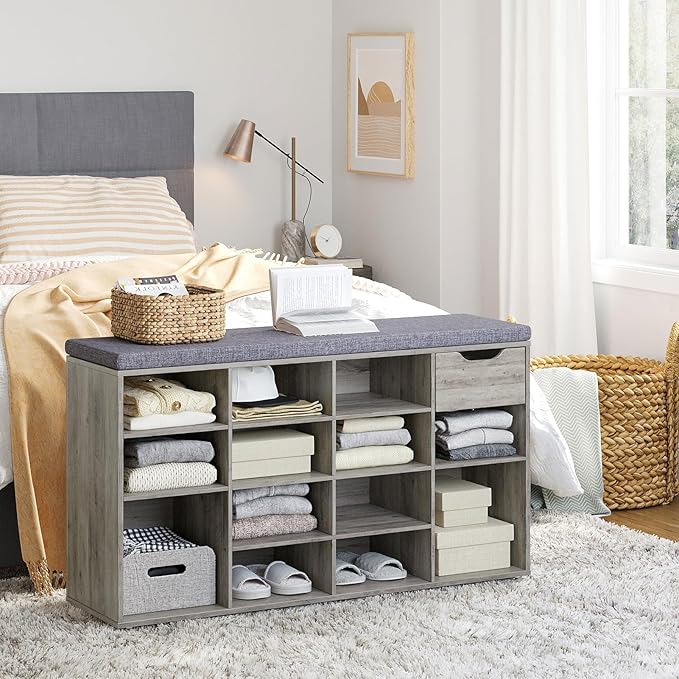 DINZI LVJ Shoe Bench, Entryway Storage Bench with Drawer and 15 Cubbies, Cubby Shoe Rack with Adjustable Shelves, Shoe Organizer Cabinet for Living Room, Bedroom, Mudroom and Garage, Gray Wash