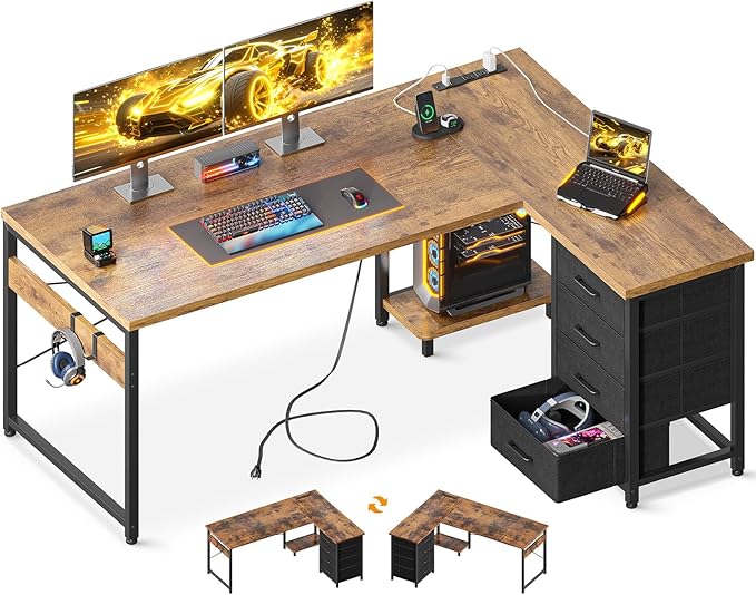 AODK L Shaped Desk with 4 Tier Drawers, 53" Reversible Gaming Desk with Power Outlets, L Shaped Computer Desk with USB Charging Port and Host Stand, Home Office Corner Desk, Easy to Assemble, Vintage
