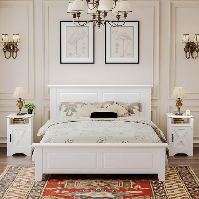 RoyalCraft Farmhouse Nightstand, White End Table with Charging Station, Tall Bedside Table with Large Storage Room and Shelf, Wooden Rustic Side Table for Bedroom, Home Office, White