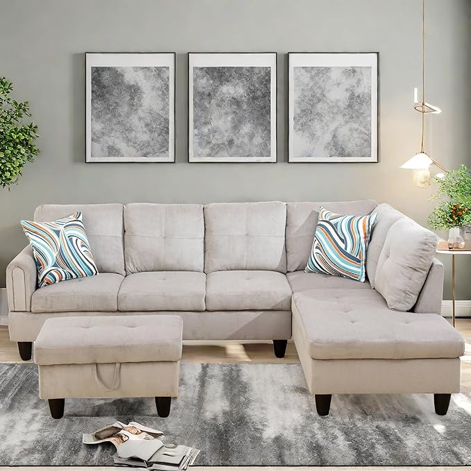 Convertible Sectional Couch, Large L Shaped Couch with Storage, Modern Modular 5-Seat Sectional Sofa with Ottomans for Living Room and Office, Grey White