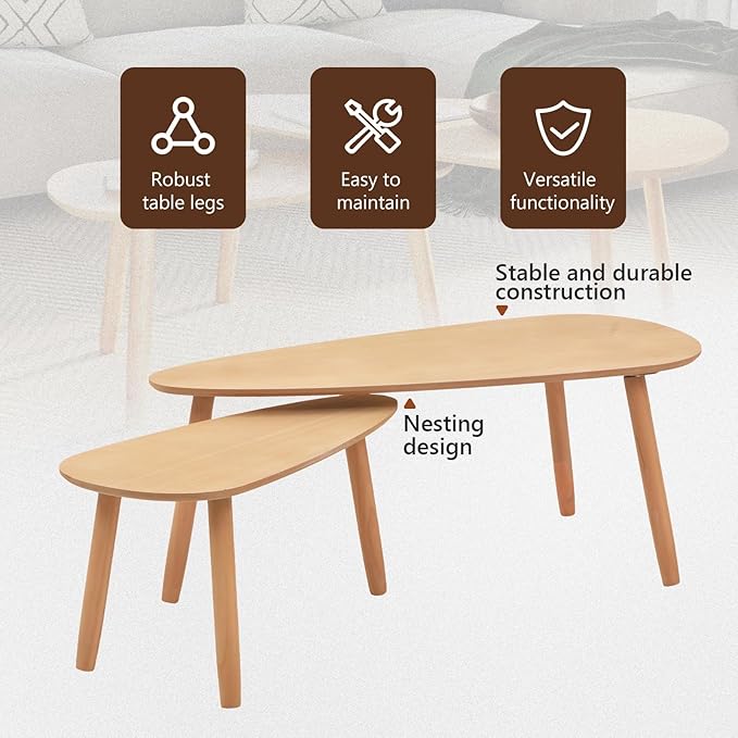 vidaXL Nesting Coffee Table 2 pcs, Side Tables with Solid Pine Wood Legs, Scandinavian Style End Table for Living Room, Brown