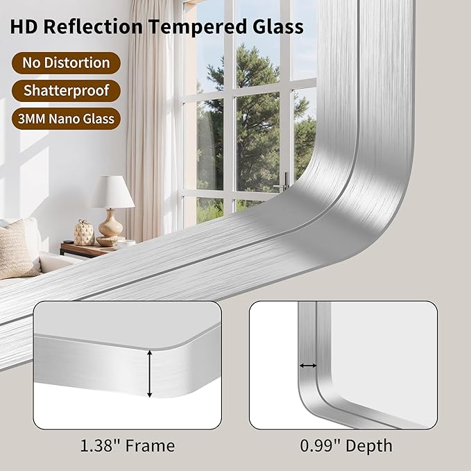 FORBATH 24x48 Inch Bathroom Mirror, Brushed Silver Deep Frame Narrow Full Length Wall Mirror with Rounded Corners, Anti-Rust Tempered Glass for Modern Farmhouse Vanity (Horizontal/Vertical)