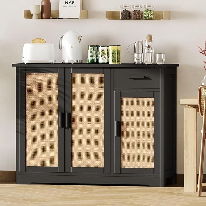 Irontar Kitchen Storage Cabinet, Sideboard Buffet Cabinet with Rattan Doors, Farmhouse Console Table with Drawer, Coffee Bar, Accent Table for Kitchen, Living Room, Hallway, Black and Natural CWG010BM