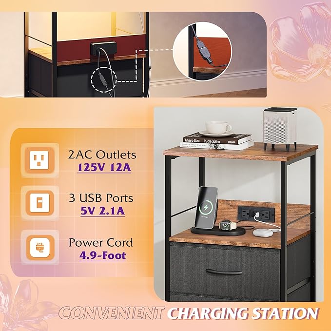 WLIVE Nightstand with Charging Station, LED Night Stand with 2 Fabric Drawers and Open Shelf, Small Dresser for Small Spaces, Side End Tables for Bedroom, Rustic Brown and Black