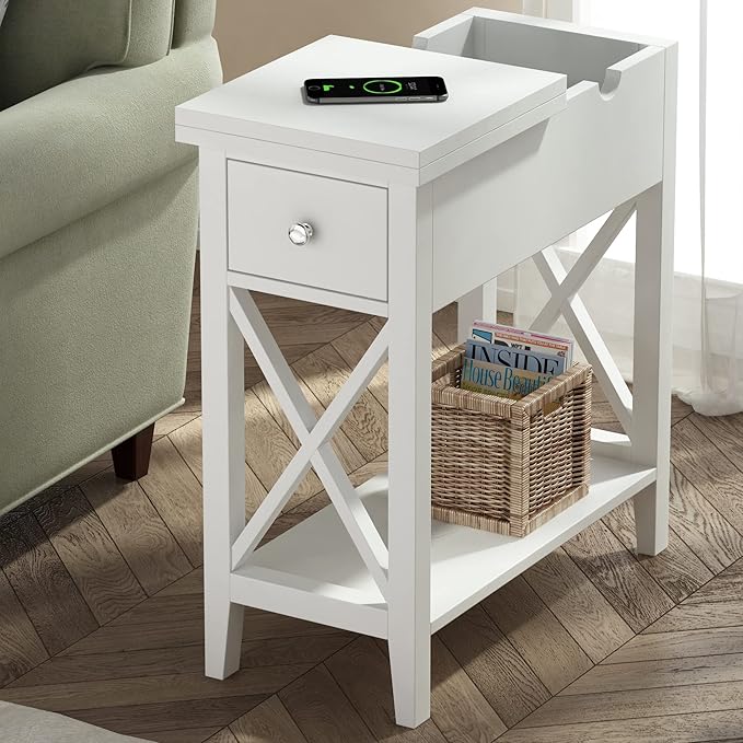 ChooChoo White End Table Set of 2, Flip Top Narrow End Table with Drawer, Accent Small Side Table Nightstand for Living Room, Bedroom, and Small Spaces