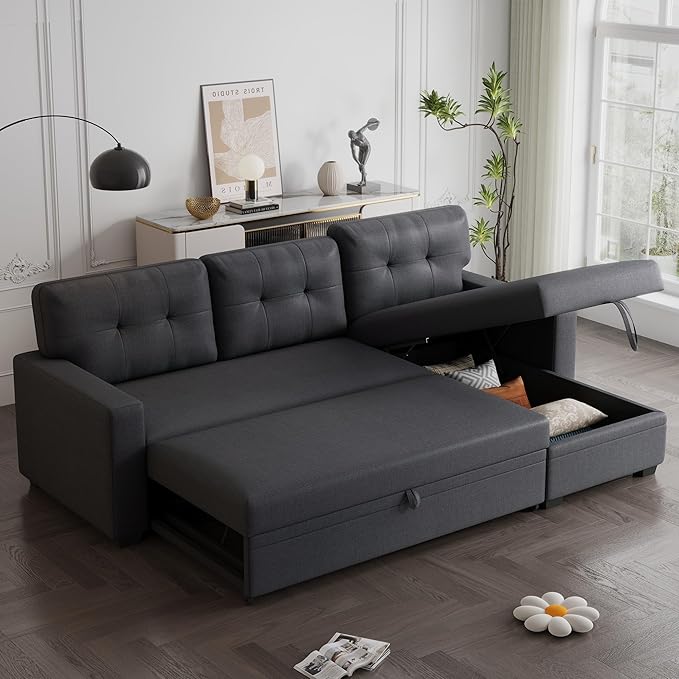 Ball & Cast Convertible Sectional Sleeper Sofa Bed L Shaped 4 in 1 Pull Out Couch with Reversible Storage Chaise & Removable Back Cushions,Sleeper Corner Pull Out Sofa Bed Couch for Living Room,Office