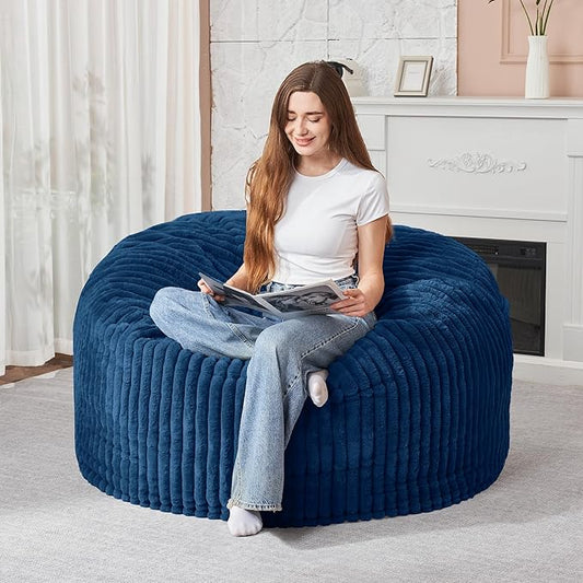 HABUTWAY 3FT Bean Bag Chair, 3' Large Bean Bag Chairs for Adults with Removable Stripe Plush Cover, Memory Foam Beanbag Chair for Living Room Bedroom Dorm (Blue)