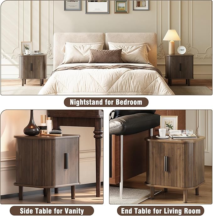 Fluted End Table with Sliding Tambour Door, Mid-Century Modern Bedside Table with Storage, Small Nightstand for Bedroom Living Room Side Table