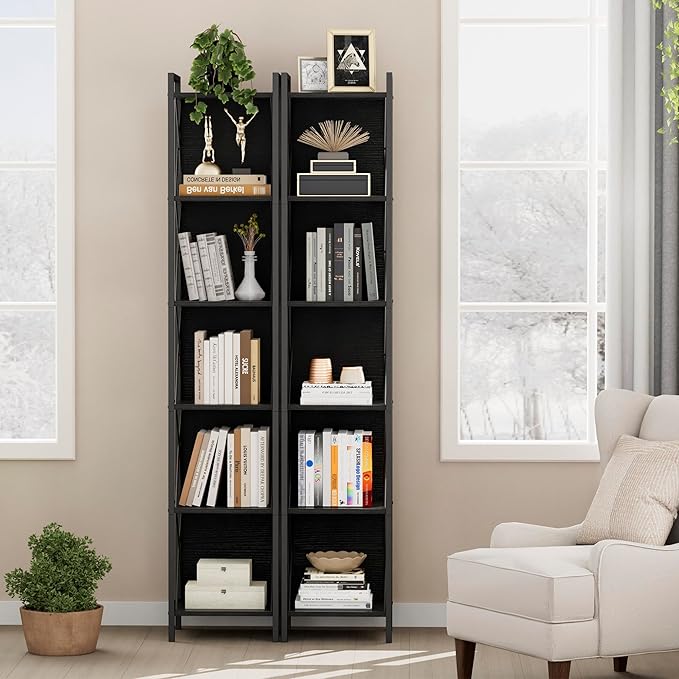 Homhedy 6 Tier Bookshelf Bookcase, Tall Narrow Bookshelf for Small Space, Metal Storage Shelves with Back Panel, for Home Office, Living Room, Kitchen, Bedroom, Industrial Style, Black