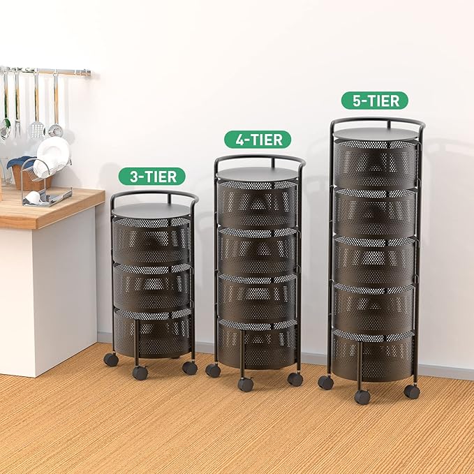 Kitchen Storage Rack No Assembly, 4-Tier Metal Storage Tower Cart Organizer on Rolling Wheels with Removal Basket for Fruit Vegetable Grocery Corns Potato Onion,Fruteros Para Cocina (4-Tier, Black)