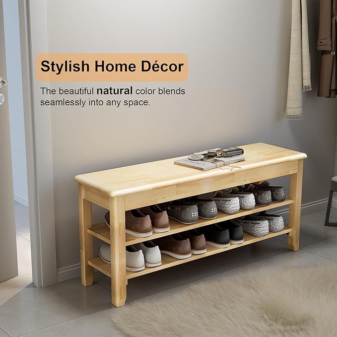 Shoe Storage Bench for Entryway - 3 Tier Shoe Rack for Front Door Entrance, Rubberwood Shoes Rack Height Adjustable, Entryway Bench with Shoes Storage for Any Room (Natural, 39.4" W)