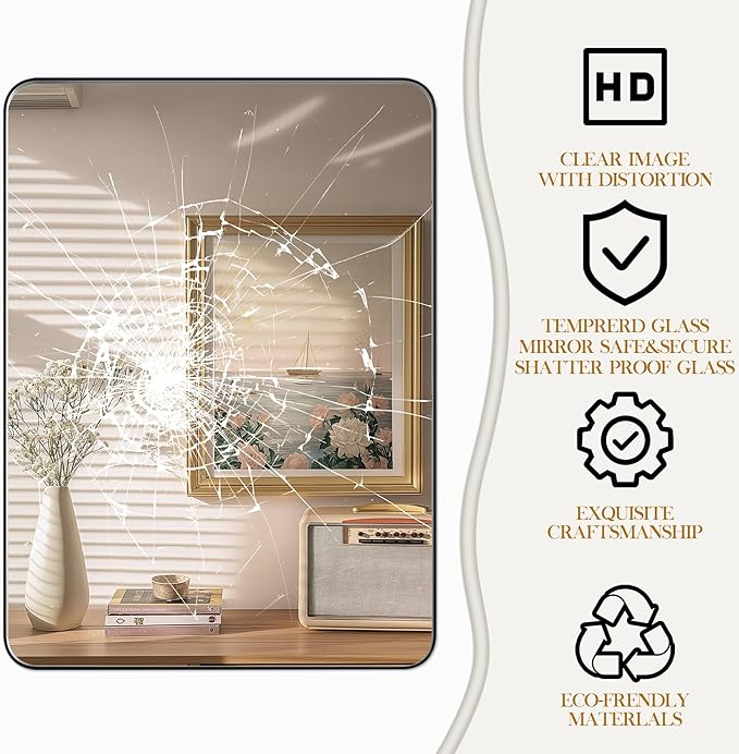 32×32 Black Bathroom Mirror, Rectangular Bathroom Vanity Mirror for Wall with Rounded Corners & Aluminum Alloy Frame, Tempered-Glass, Modern, Farmhouse, Horizontal/Vertical, Entryway, Bedroom
