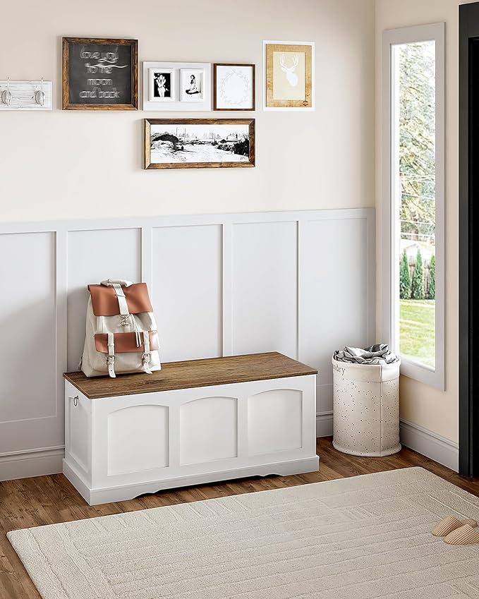39.4" Storage Chest Bench with Lift Lid, Toy Chest with Safety Hinge, Entryway Shoe Bench, Wooden Storage Trunk, Holds up to 220 lb, for Living Room, Bedroom, Hall, White and Walnut MCW12WL