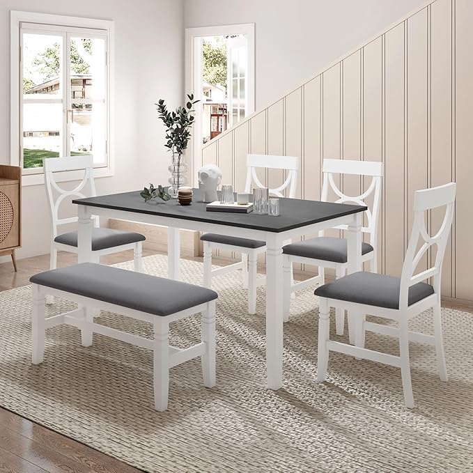 Ball & Cast 6 Piece Wood Dining Table Set,Kitchen Table Set with Upholstered Bench and 4 Dining Chairs,Farmhouse Living Room Furniture w/Carved Legs & Round Backrest,for Dining Room,Gray+White