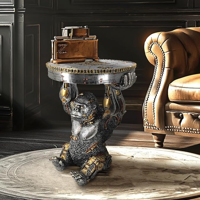 Steampunk Gorilla Side Table Pedestal End Table Stool Resin Cyborg Monkey Sci-fi Statue Sculpture Hand Painted Collectible Figurine with Cool Gear for Home Man Cave Decor Silver