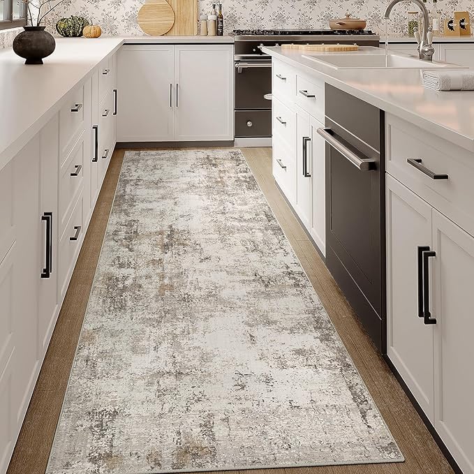 2x7 Washable Runner Rug Brown Grey Neutral Abstract Hallway Kitchen Living Room Bedroom Non Slip Throw Rug Soft Low Pile Indoor Carpet for Entrance Laundry Bathroom