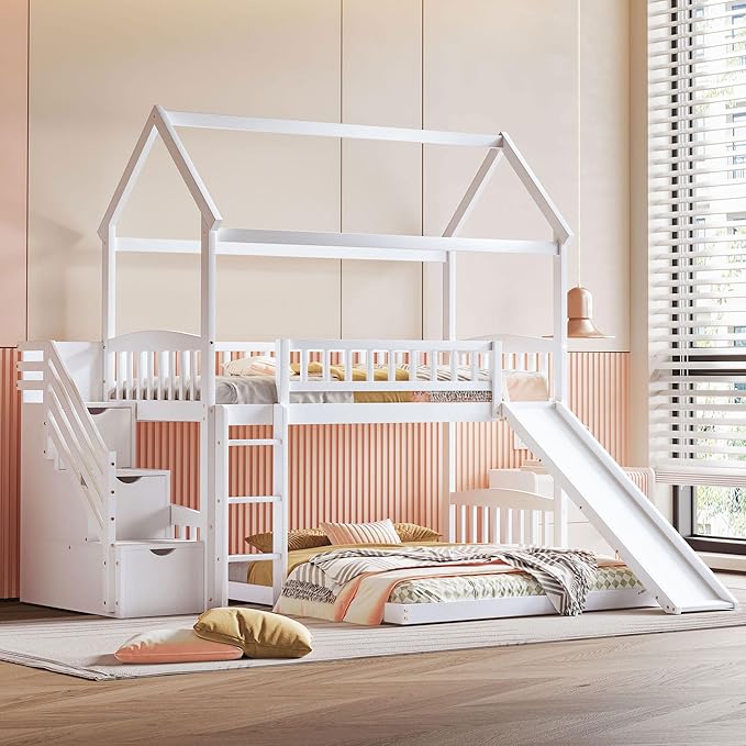 Ball & Cast Twin Over Twin Size House Bunk Bed with Slide and Storage Steps,Wood Bunkbed w/Full-Length Guard Rail & Ladder,Slat Support,Space Saving,Bedroom Furniture for Student Dorms,White