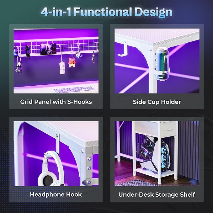 PRAISUN L Shaped Gaming Desk with Shelves, Corner Computer Table with LED Lights, Power Outlets and USB-C Ports, 50 Inch Reversible Home Office Desk with Storage Drawer, for Work and Study, White