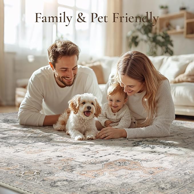 GENIMO 6x9 Area Rugs for Living Room, Machine Washable Low Pile Rugs, Chenille Non Alip Vintage Rug for Bedroom, Dining Room, Home Office, Light Taupe Brown