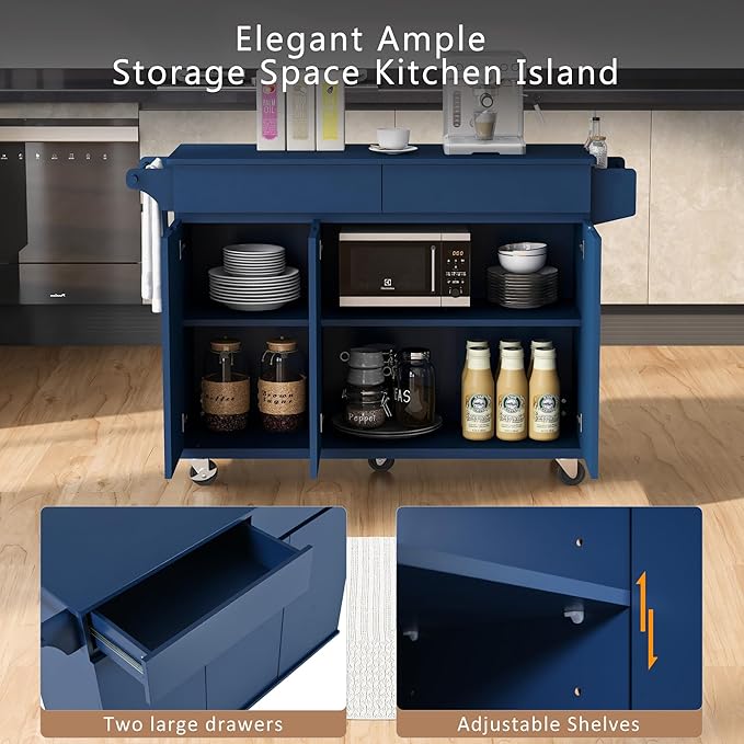 53" Kitchen Island with Drop Leaf,Dining Storage Cart W/Spice Rack,Towel Rack and 2 Drawers,Rolling Island on Wheels W/Adjustable Shelves for Kitchen,Dining Room,Navy Blue