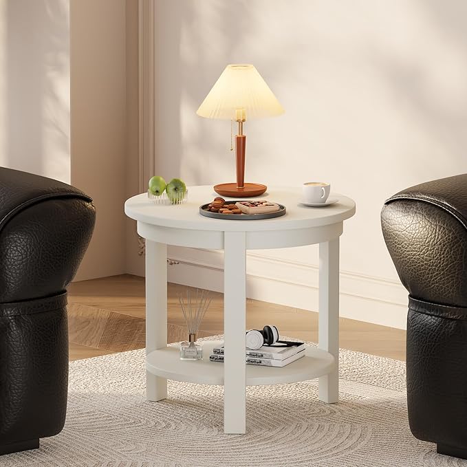 Small Round Wood Coffee Table with Storage Shelf, Living Room Side Table for Couch Sofa, 22 x 20 Inches, 4-Tier Mid Century Modern Wooden End Table for Bedroom, White