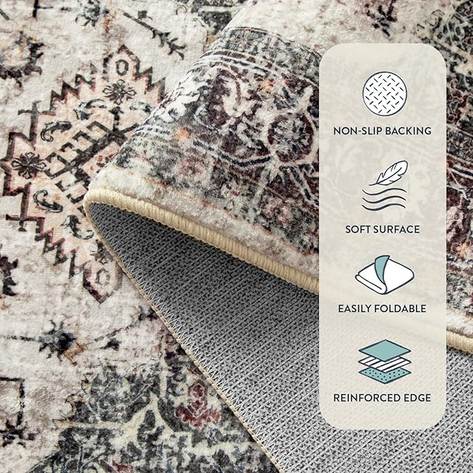 Lahome Oriental Washable Rug, 3x5 Rugs for Bedroom Living Room Entryway, Vintage Ultra-Thin Non-Slip Soft Throw Carpet for Kitchen Office Entrance, Brown/Grey