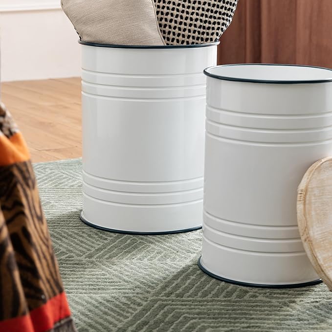 Glitzhome Farmhouse Accent Side Table, Metal Storage Stool Ottoman with Round Lid - Galvanized Coffee Cocktail End Tables Set of 2 for Living Room Bedroom, White