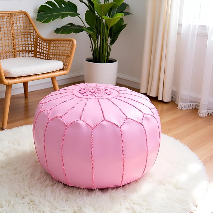Stuffed Round Design Moroccan Leather Pouf Ottoman, Handmade, Pre-Filled, 100% Genuine Leather, 13” Height x 20” Diameter, Footstool & Living Room Décor (Pink)
