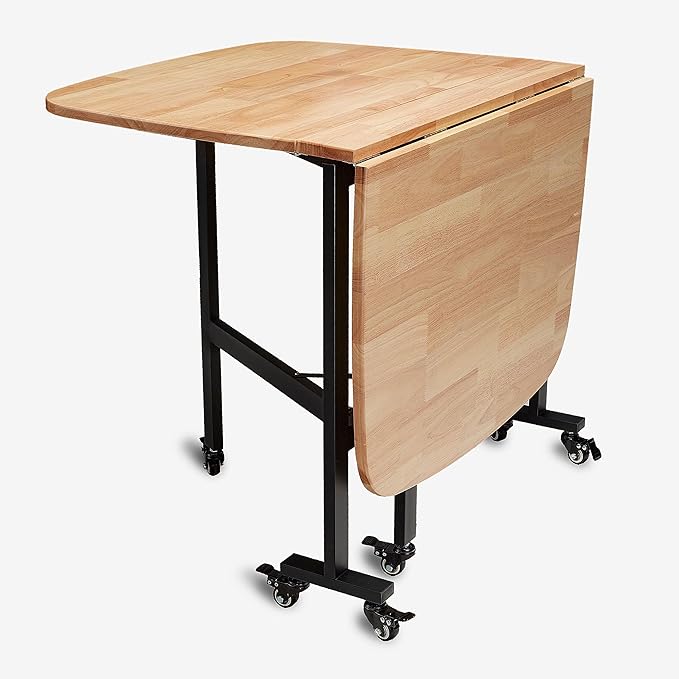 Multifunction Table Drop Leaf Dining Table - 47" Solid Wooden Foldable Kitchen Table with 6 Wheels (Natural)