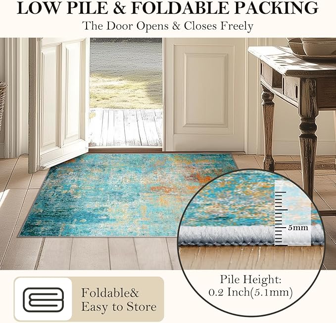 Washable Area Rugs 9'x12' Non-Slip Modern Abstract Soft for Living Room Entryway Bedroom Nursery, Print Pattern, Teal Blue Green Orange Rust Red Colorful